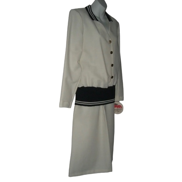 Vintage 50's Outfit Skirt Blouse Set Secretary Nautical Deadstock Ivory Striped - Picture 2 of 12